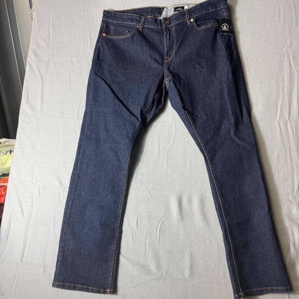 Volcom Vorta Slim Straight Stretch Denim Jeans RIN Indigo Blue Mens 38x32